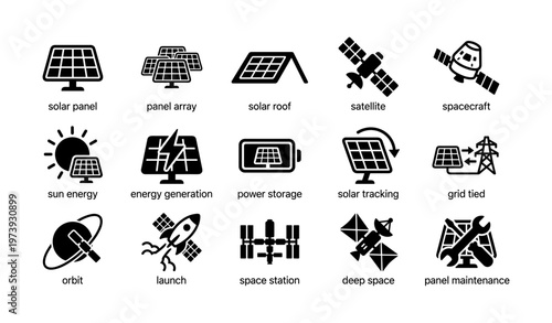 Solar energy icons: panels, satellites, power generation, space technology