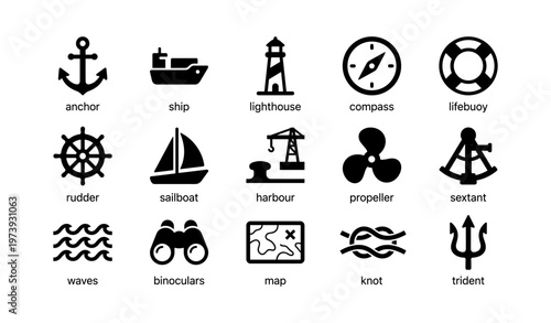 Nautical icons collection: anchor, ship, lighthouse, compass, lifebuoy, rudder, sailboat