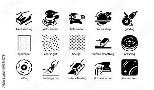 Woodworking tool icons: sander, sandpaper, polishing, buffing, coarse grit
