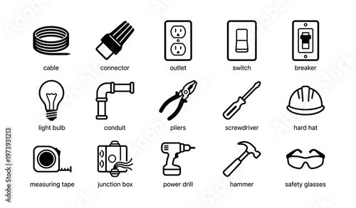 Electrical and construction tools icons: cable, connector, outlet, switch, breaker