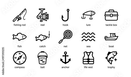 Fishing icons: rod, reel, hook, lure, tackle box, fish, boat, net, sea