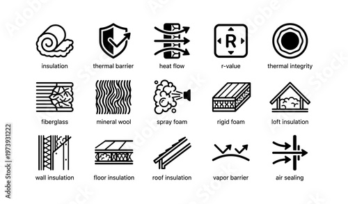 Building insulation icons featuring materials and techniques for energy efficiency