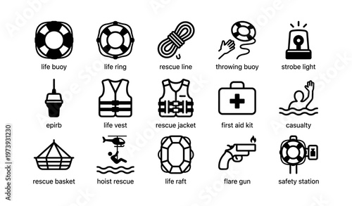 Marine safety equipment: life buoys, rescue lines, first aid kits, flare gun, epirb