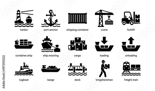 Maritime shipping icons: boats, cargo, and dock equipment