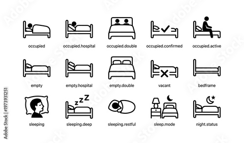 Simple black and white bed icons illustrating various sleep and occupancy concepts