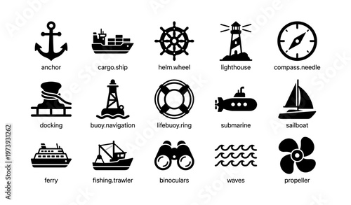 Maritime symbols collection: anchor, ship, helm, lighthouse, and more