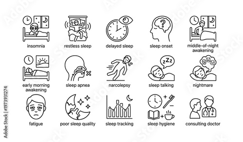 Icons depicting sleep disorders and sleep health concepts