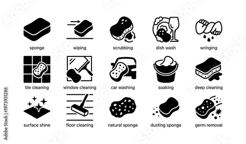 Cleaning icon set with sponges and tools for various household tasks