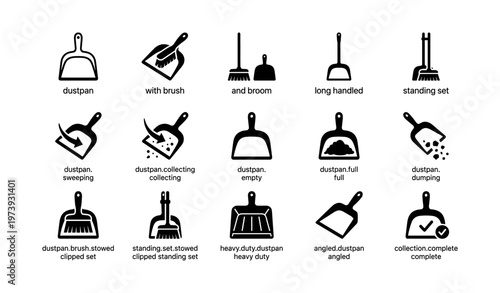 Various dustpan and brush icons for cleaning and organization