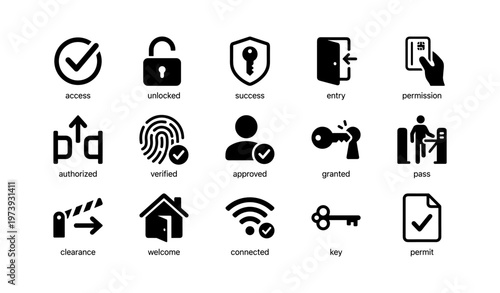 Access and security icons set: keys, locks, verification, and connectivity symbols