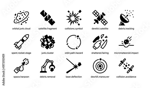 Space debris icons: satellite, collision, tracking, rocket, deflection