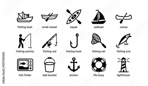 Set of nautical and fishing icons: boat, kayak, sailboat, canoe, anchor, fishing rod, life buoy