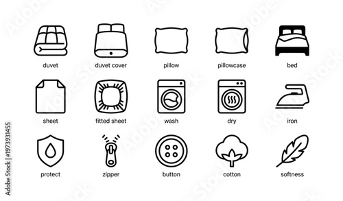 Bedding icons: duvet, pillow, bed, sheet, laundry symbols and fabric elements