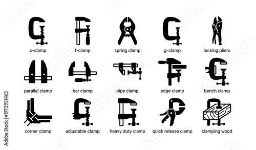 Various clamps and tools silhouette collection with labels