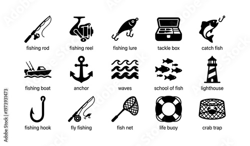 Fishing equipment icons set: rods, reels, lures, and marine symbols