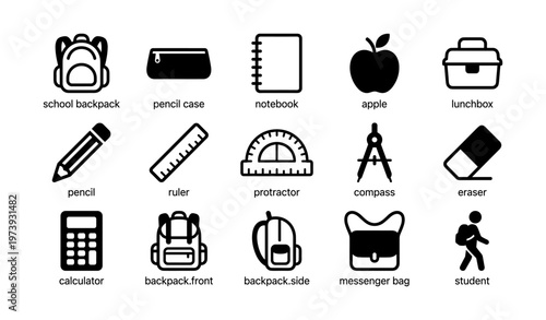School supplies icons: backpack, notebook, pencil, apple, lunchbox for students
