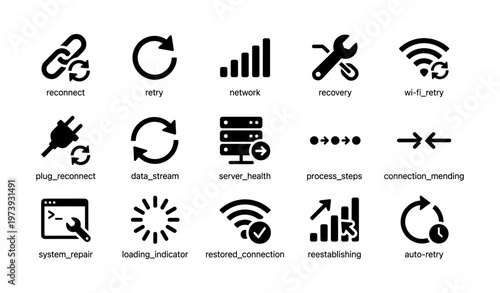 Reconnect icons: retry, network, recovery, server health, connection mending