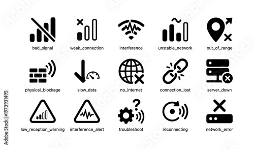 Network connectivity icon set indicating issues and troubleshooting symbols