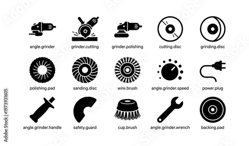 Collection of gear and tool icons including grinder, disc, wire brush, and power plug