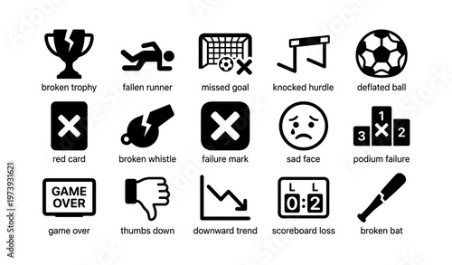 Sports challenges icons: trophy, runner, soccer, hurdle, ball, whistle, scoreboard, thumbs down
