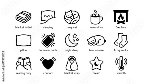 Cozy winter essentials icons: blanket, cat, warm drink, fireplace, comfort