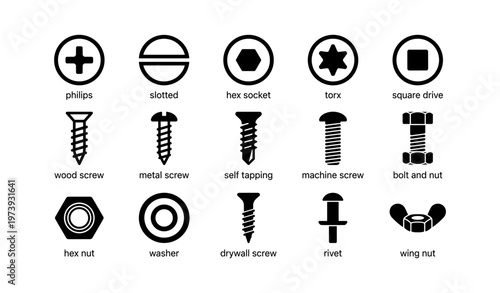 Various screw and bolt heads and types with simple icons