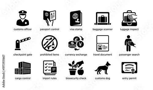 Icon set depicting customs and border security processes and equipment