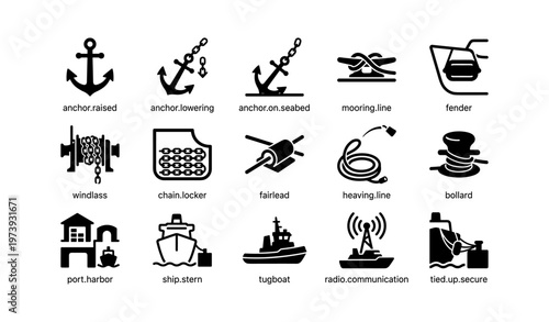 Nautical symbols collection: anchors, mooring, windlass, tugboat, communication