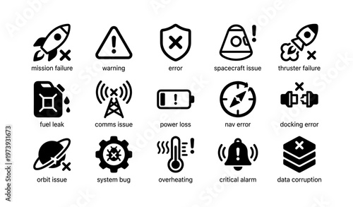 Space mission icons illustrating errors and failures in exploration endeavors