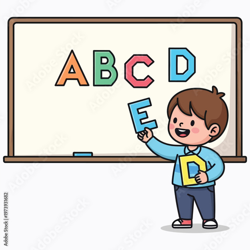 Cheerful boy teaching alphabet with large letters on white board in school classroom.
