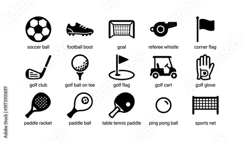 Sports equipment icons: soccer, golf, table tennis, and more