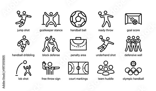Handball icons including jump shot, goalkeeper, penalty area, olympic handball