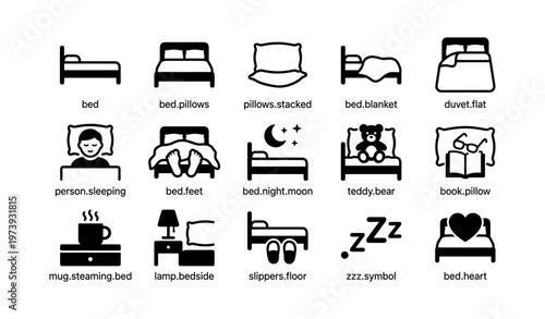Bed icons collection: pillows, blankets, night motifs, sleep symbols