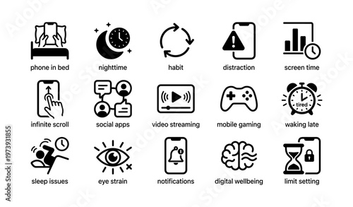 Icons representing digital habits and their effects on daily life