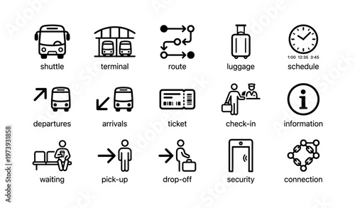Icons of public transportation: shuttle, terminal, route, luggage, schedule