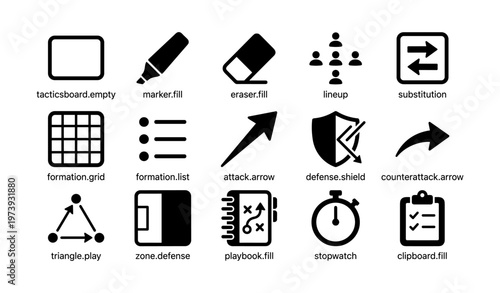 Icons for soccer tactics and strategies: formation, defense, attack, strategy, playbook