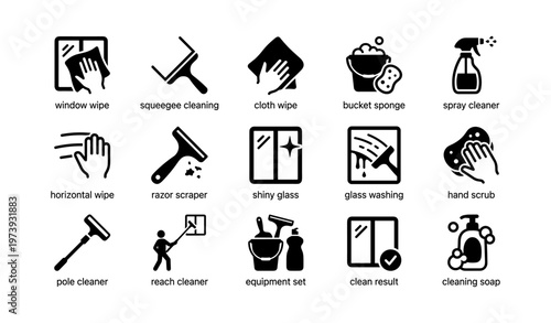 Cleaning icons set: window, squeegee, sponge, spray, scrub, wipe, soap