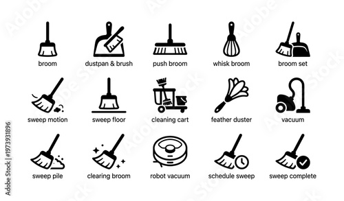 Cleaning tools icons: broom, vacuum, duster, and more