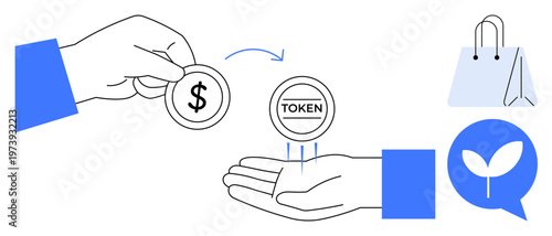 Cryptocurrency, token economy, digital payments, financial exchange, sustainable shopping, eco-friendly commerce. Hands exchanging coin and token with shopping bag and sustainability icon