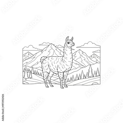 Llama in mountain landscape outline for coloring book with features trees and