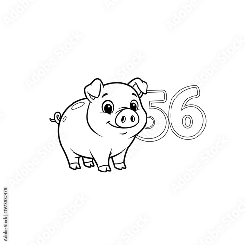 Cute cartoon pig with number 56 line art for kids with farm animal