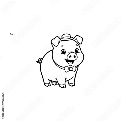 Dapper cartoon pig wearing top hat and bowtie outline with suitable for children