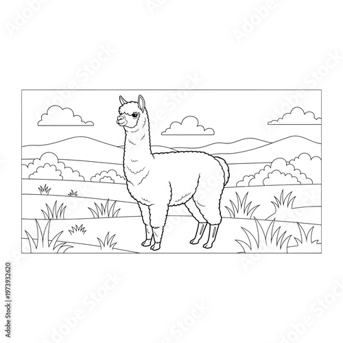Cute alpaca standing in a field with mountains outline drawing