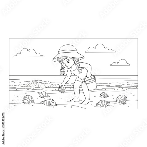 Child collecting seashells on beach coloring page outline with perfect as a