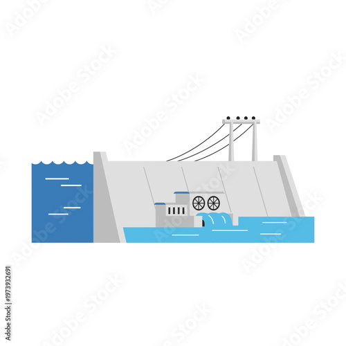 Hydroelectric dam with reservoir and power lines for renewable energy
