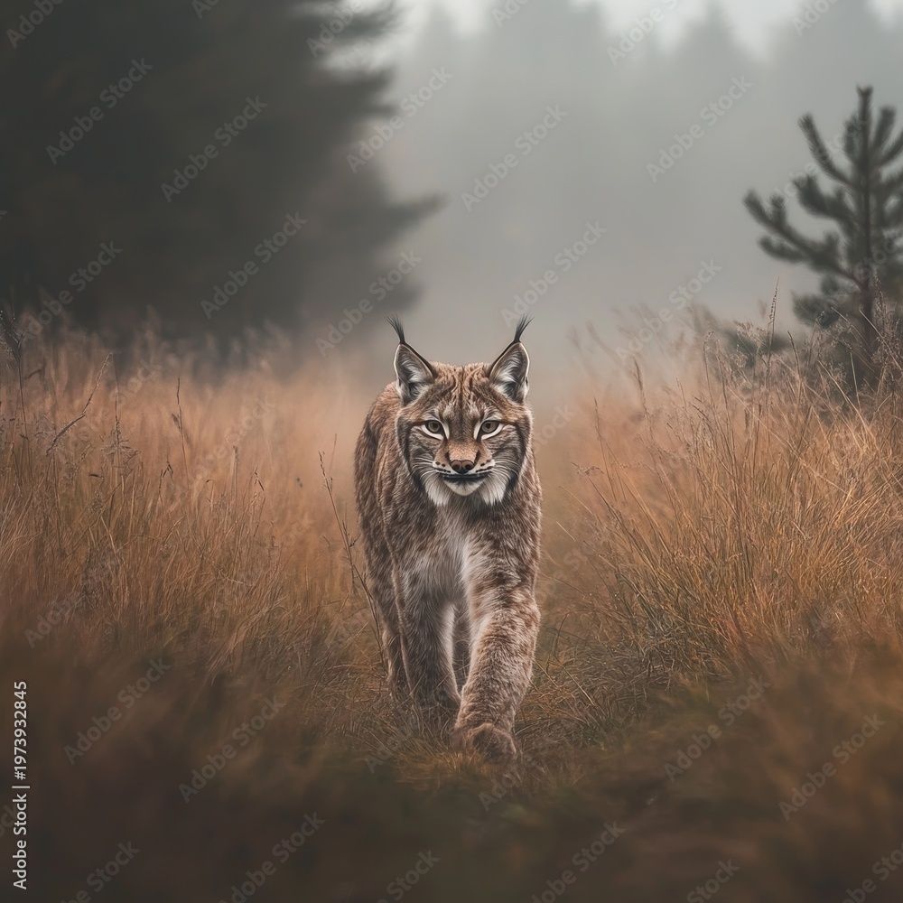 Fototapeta premium Lynx in grassland walking toward camera full body, blurry foggy background natural lighting misty morning, wild feline calm atmosphere rule of thirds
