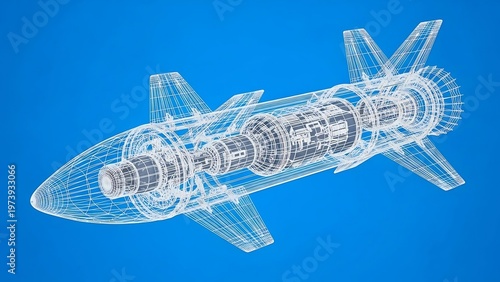 Detailed Blueprint of a Futuristic Rocket Design on Blue Background.
