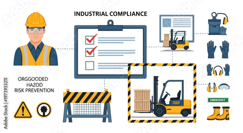 An illustration celebrating World Day for Safety and Health at Work, depicting a worker in a hard hat alongside safety equipment such as a forklift, barrier, and gloves, set against a clean