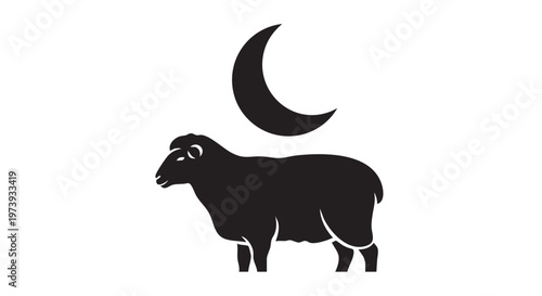 Black sheep silhouette under crescent moon in minimalist style with monochromatic coloring for astrology