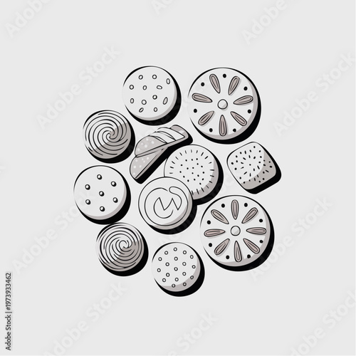 black and white illustration of various cookies and bread on a plain b